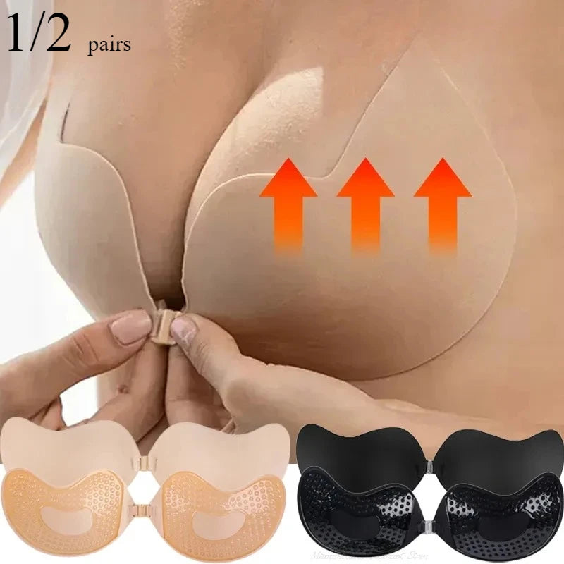 Soutien-gorge push-up invisible pour femme, soutien-gorge dos nu et sans bretelles, bralette sans coutures à fermeture sur le devant, sous-vêtements, coussinets en silicone auto-adhésifs pour soutien-gorge